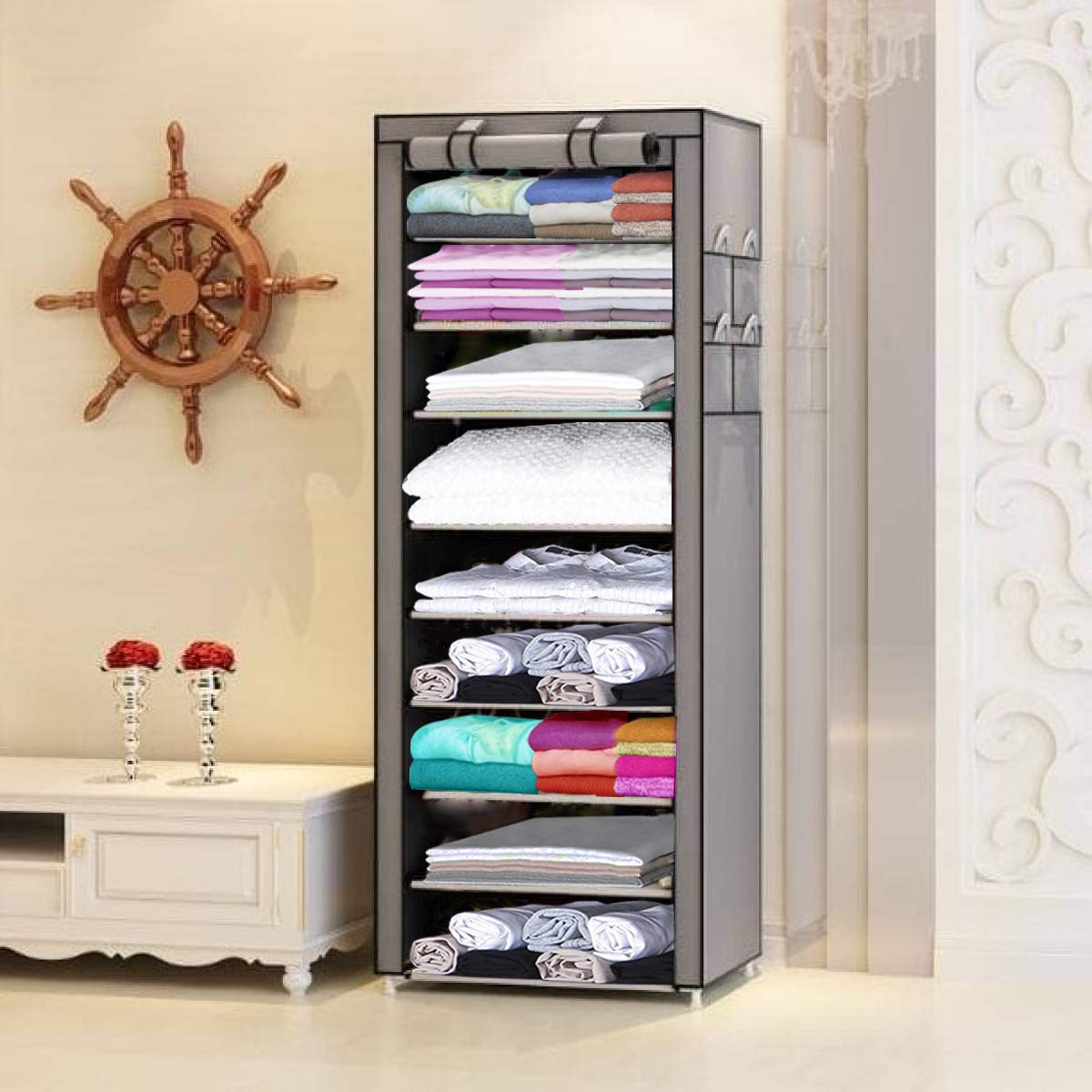 Keekos Fancy and Portable Foldable Collapsible Closet/Cabinet Collapsible Wardrobe Organizer, Multipurpose Storage Rack for Kids and Women, Clothes Cabinet, Bedroom Organiser_9 Layer Grey