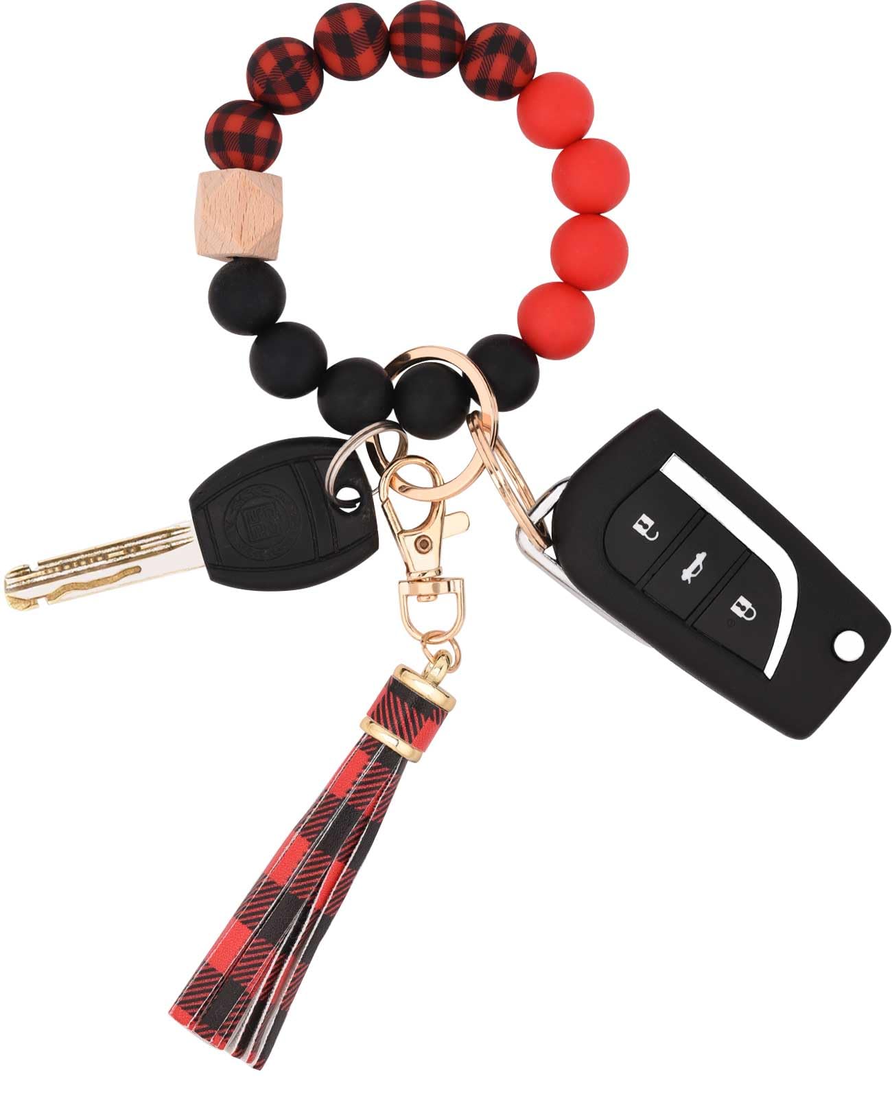 Silicone Beaded Bracelet Keychain Wristlet Key Ring Bangle Chains for Women with Leather Tassel