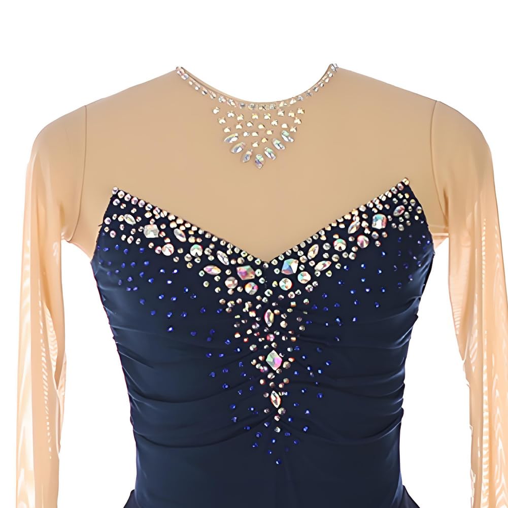 Robe Patinage Artistique Femmes, Collant Patinage sur Glace pour Filles, Bleue, Manches Longues, Jupe de compétition pour Gymnastique, Danse à roulettes, Robe de Ballet