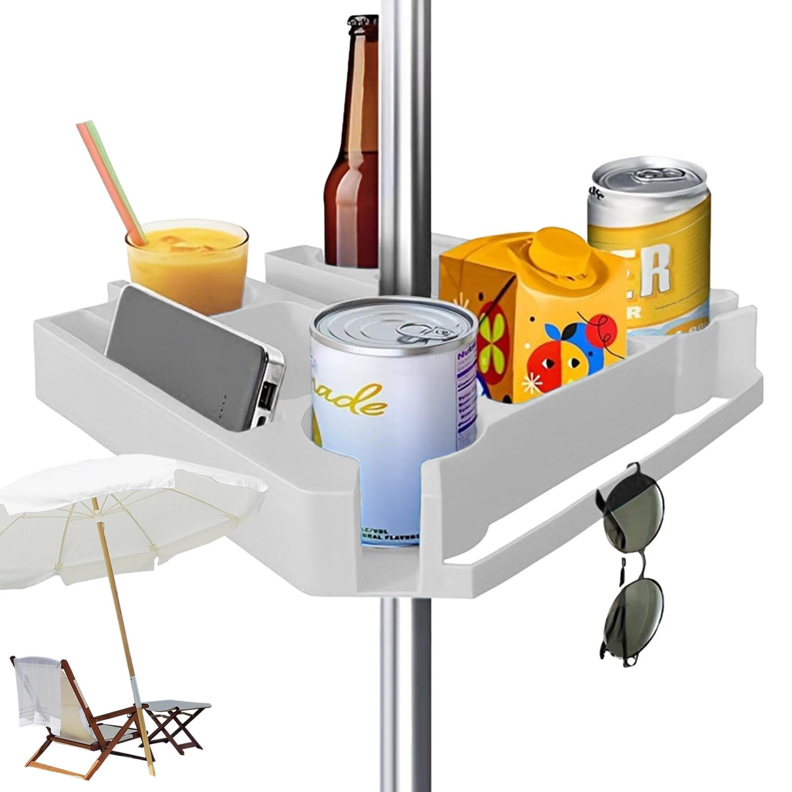 Naqqios Bandeja Para Sombrilla De Patio - Bandeja De Mesa Para Sombrilla De Playa, Soporte Para Bebidas Con Paraguas | Bandeja Para Refrigerios, Incluye 4 Portavasos, 3 Compartimentos Para Refrige