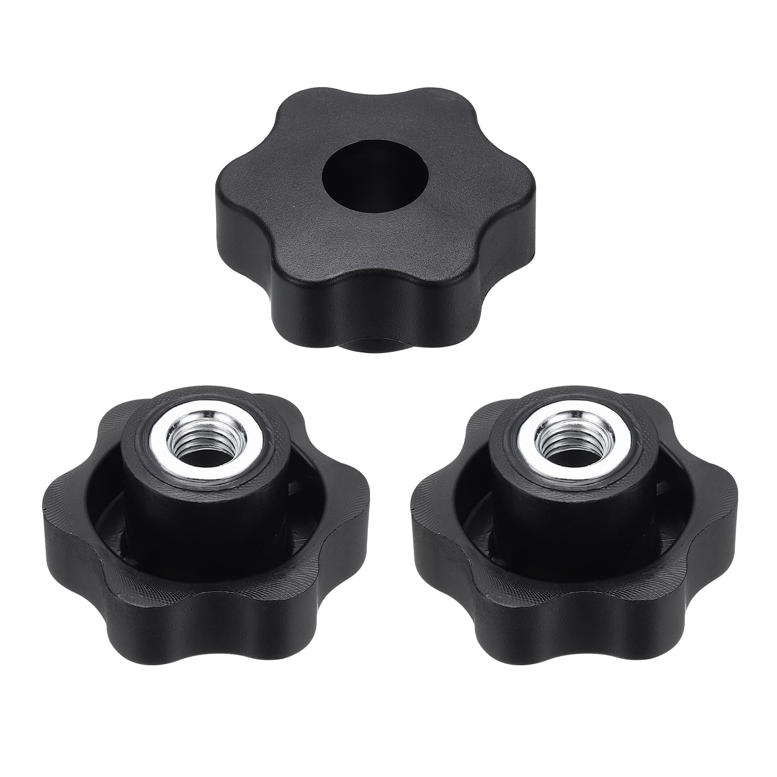 sourcing map 3pcs Star Clamping Nuts M10 Female Thread 48mm 6-Point Plastic Head Iron Insert Through Hole Screw-in Threaded Knob Hand Tightening Clamping Handles, Black