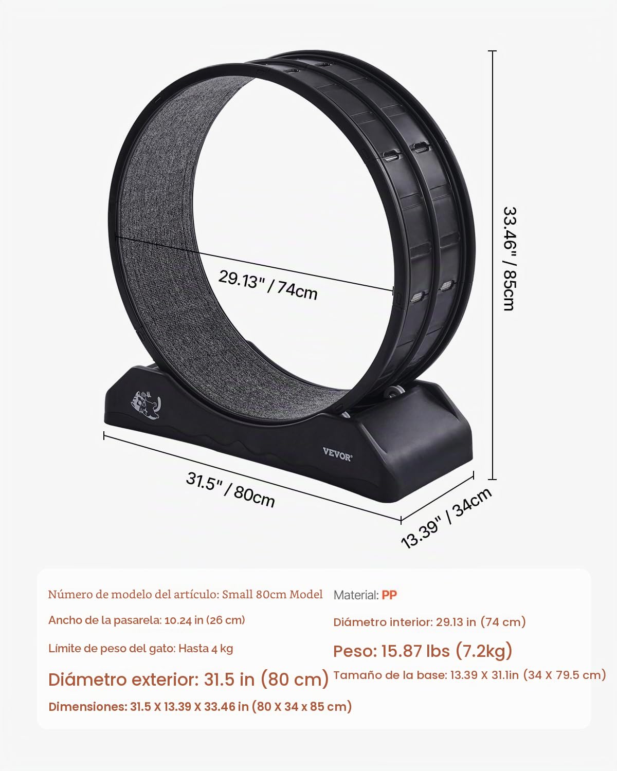 VEVOR Rueda de Ejercicio para Gatos de 800 x 340 x 850 mm, Rueda Grande para Correr con Freno Seguro y Pista Alfombrada, Cinta de Correr Silenciosa para Mascotas para Pérdida de Peso y Salud, Negro