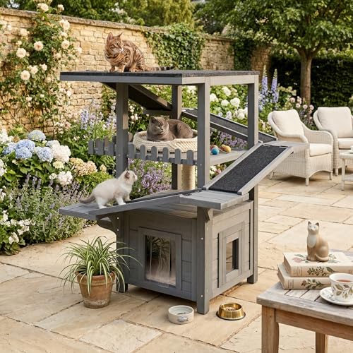 Trygoal 4-Tier All-Weather Cat House Solid Rainproof Climbing Tower with Asphalt Roof & Dual Doors Stray Cat Outdoor Enclosure Multi-Level Play Areas with Balcony for Small Animals Gray