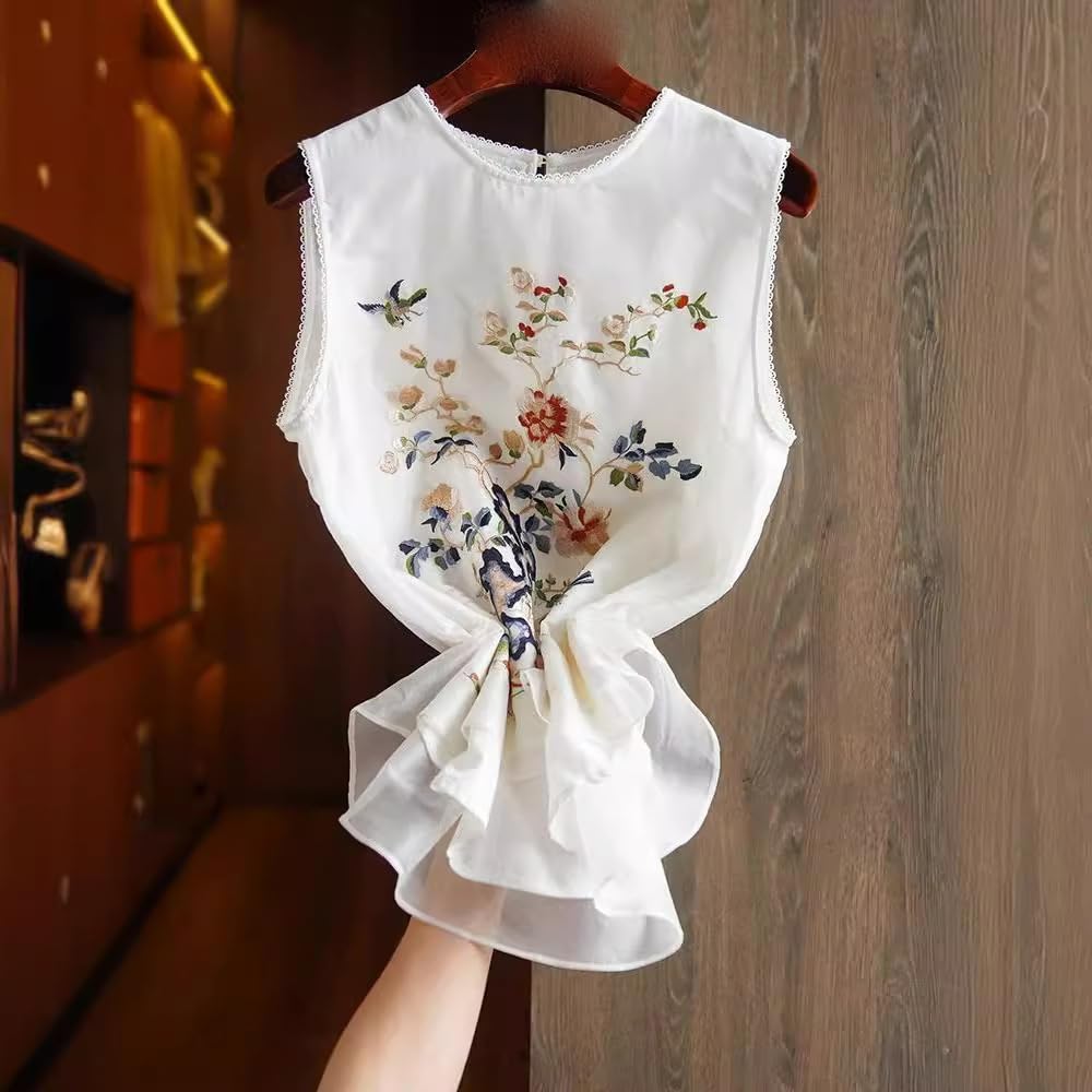 Damska letnia elegancka organza haftowana chińska kamizelka w stylu narodowym bez rękawów