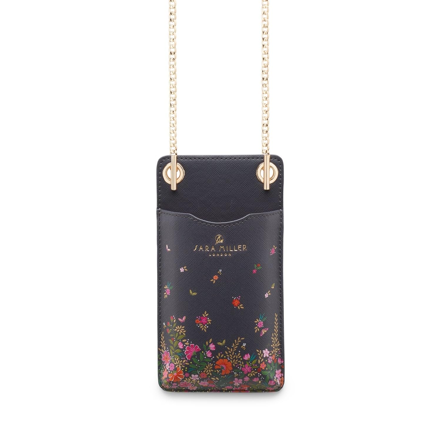 Sara Miller London Borsa a tracolla per telefono, portafoglio con porta carte, borsa da viaggio da donna con cinturino a catena, Distsy Floreale Blu Navy, 2 x 10 x 19 cm