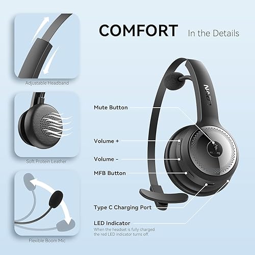 Miniatura 7 de LEVN Auriculares Bluetooth 5.0, auriculares inalámbricos con micrófono (cancelación de ruido AI), auriculares Bluetooth de 35 horas con dongle USB