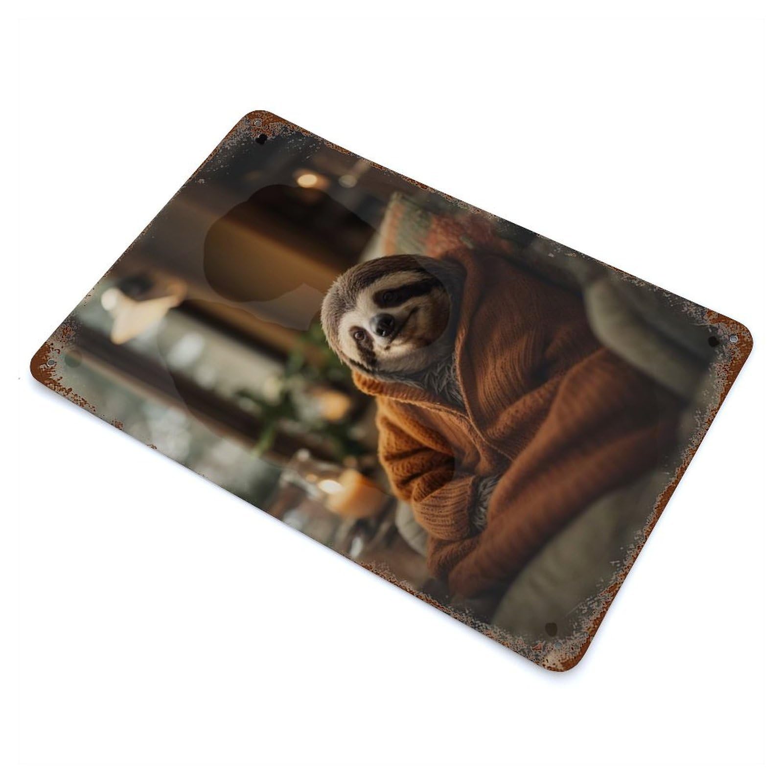 Lazy And Cozy Sloth Rust Effect Tin Sign 11.8"x7.9", Industrial Home Decor for Bistro, Counter And Cafe Decor
