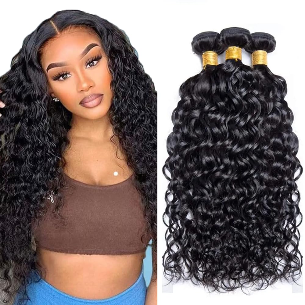 Photo 1 of 1B Water Wave Human Hair Bundles 22 24 26 Inch Unprocessed Brazilian Virgin Remy Hair Natural Black 3 Bundle Wet and Wavy Bundles Human Hair Extension 150g