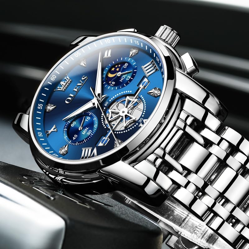 Miniatura 9 de OLEVS Relojes para hombre de plata, reloj de cronógrafo de acero inoxidable para hombre, reloj analógico de cuarzo de cara grande para hombre de