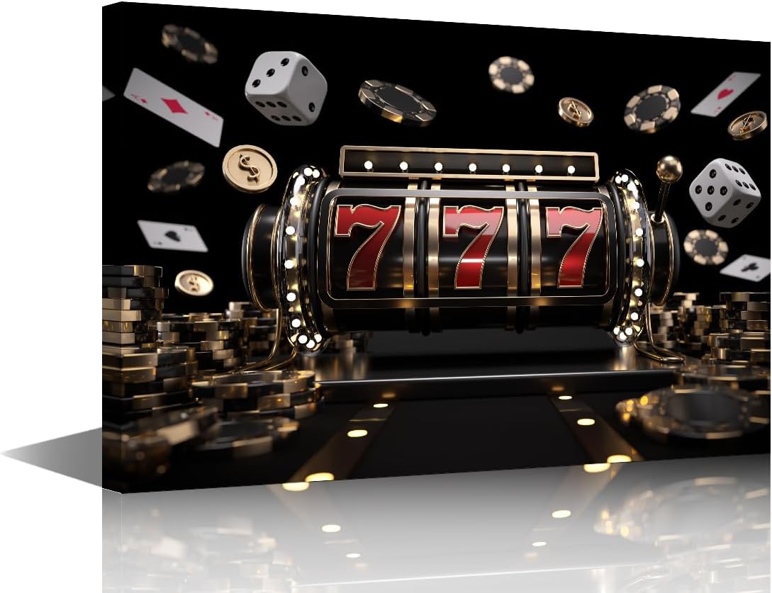 Modern Wall Art 1 Panel 777 Slot Machine, Chips, Dices, Cards And Coins Pictures Print On Canvas Wall Decor for Living Room, Wooden Framed Gallery-Wrapped Ready to Hang, 24" Wx16 H