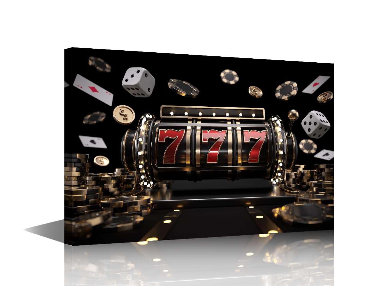Modern Wall Art 1 Panel 777 Slot Machine, Chips, Dices, Cards And Coins Pictures Print On Canvas Wall Decor for Living Room, Wooden Framed Gallery-Wrapped Ready to Hang, 24" Wx16 H