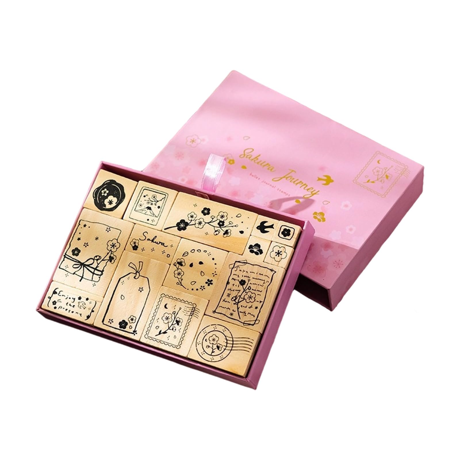 Wooden Rubber Stamps, Dream and Cherries Blossom Stamps Set Stamper Seal Set for Journal, Diys Craft, Scrapbook, Planner Wooden Rubber