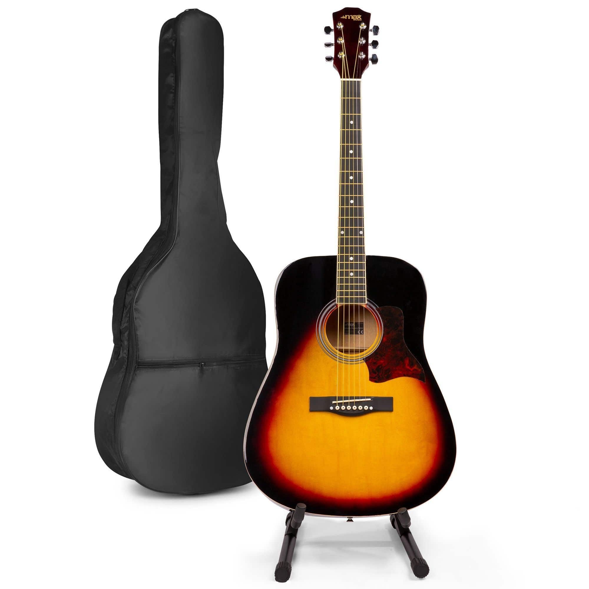 MAX SoloJam Westerngitarre, Akustik Gitarre Set, Acoustic Guitar, Akustikgitarre 4/4 mit Tasche, Gitarrenständer, Plektrum, Stimmgerät, Schultergurt und Stahlsaiten, Anfängergitarre in Sunburst