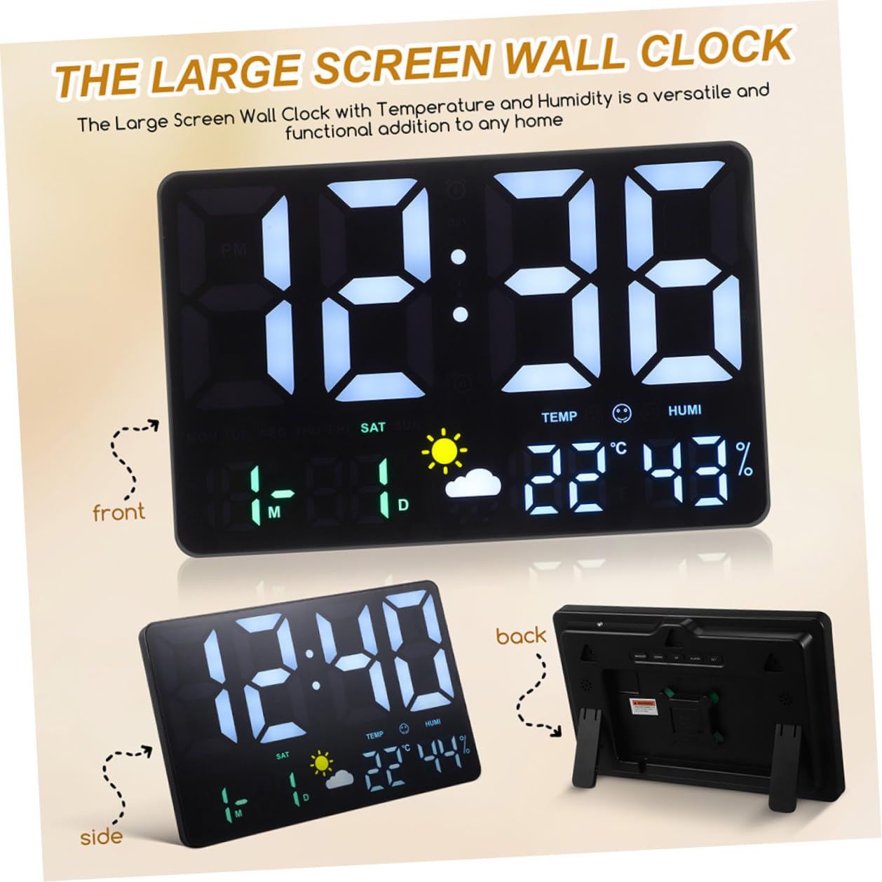 Orologio da Parete Digitale Temperatura e Calendario, Display Grande | Luci Colorate, Previsioni Meteo, Plastica Nera, per Ufficio e Soggiorno