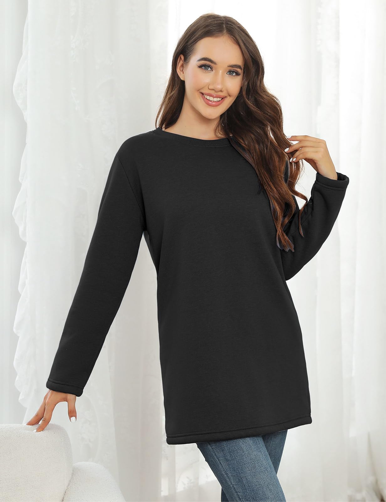 Nadeer Sweat Polaire Femme Hiver Pull Sweatshirt Manches Longues Col Rond Coton Sweat sans Capuche Couleur Unie Doublé Chaud Pullover Loose Casual Loungewear Haut