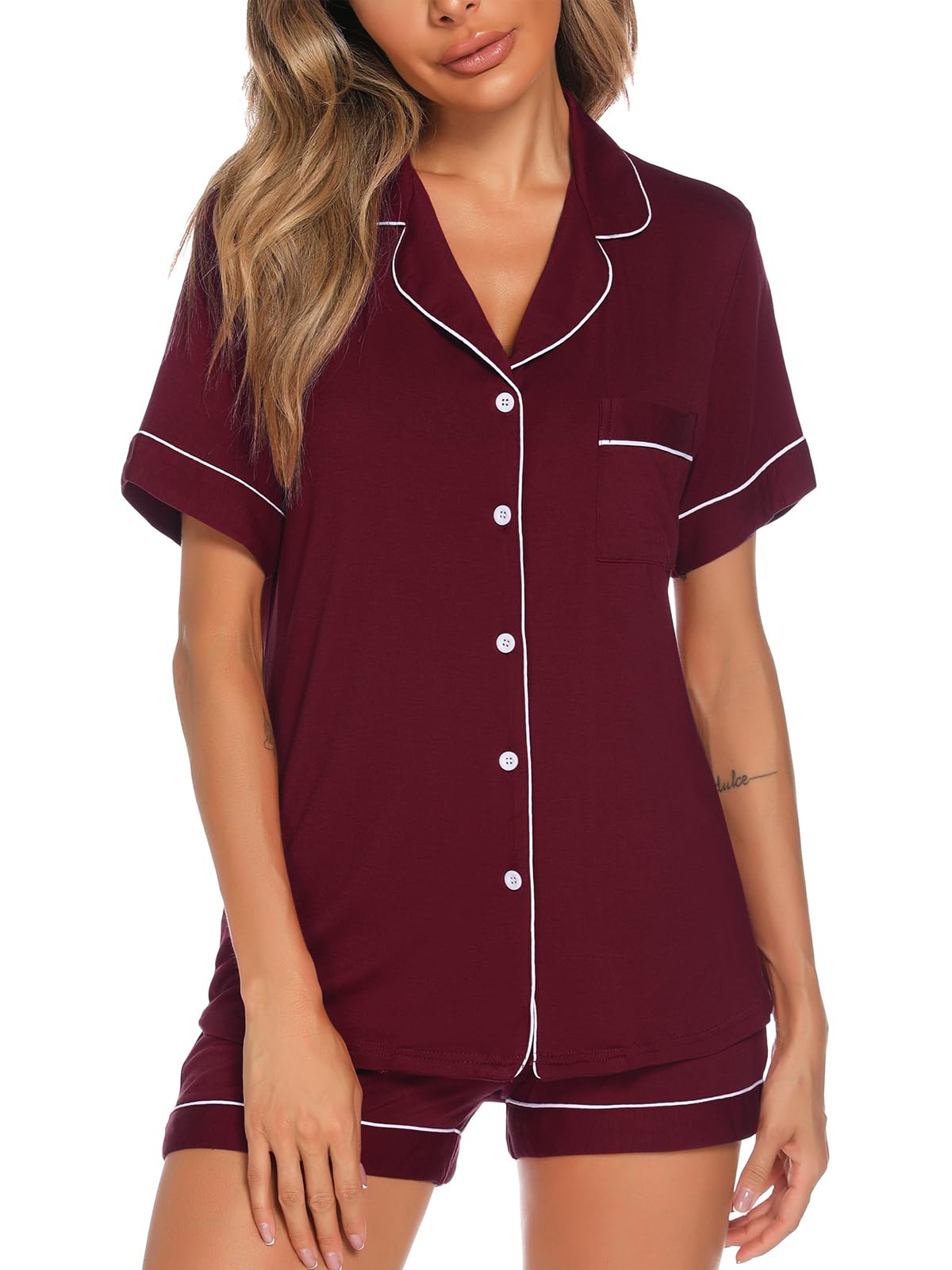 Aamikast Button Up Pajama Set for Women Shorts Short Sleeve Knit Sleepwear 2 Pice Pjs Sets