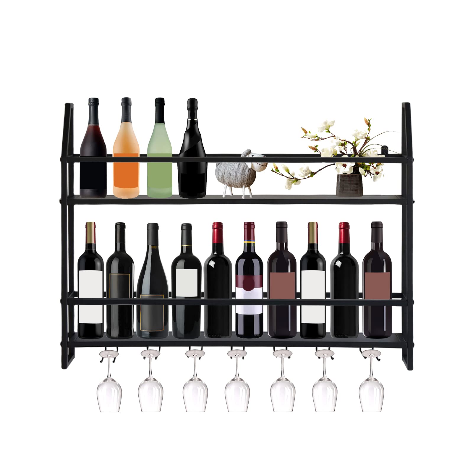 Estante para Vino Montado en la Pared con Estante para Copas Estante Industrial para Copas de Vino con Soporte Botellero de Vino Pared Estante de Vino de Metal