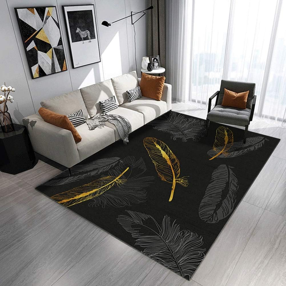 小林良品 ラグ カーペット 80 1cm 薄い 屋内 おしゃれ 北欧風 モダン 現代 羽毛柄 可愛い デザイン ルームマット 滑り止め付き ブラック 黒