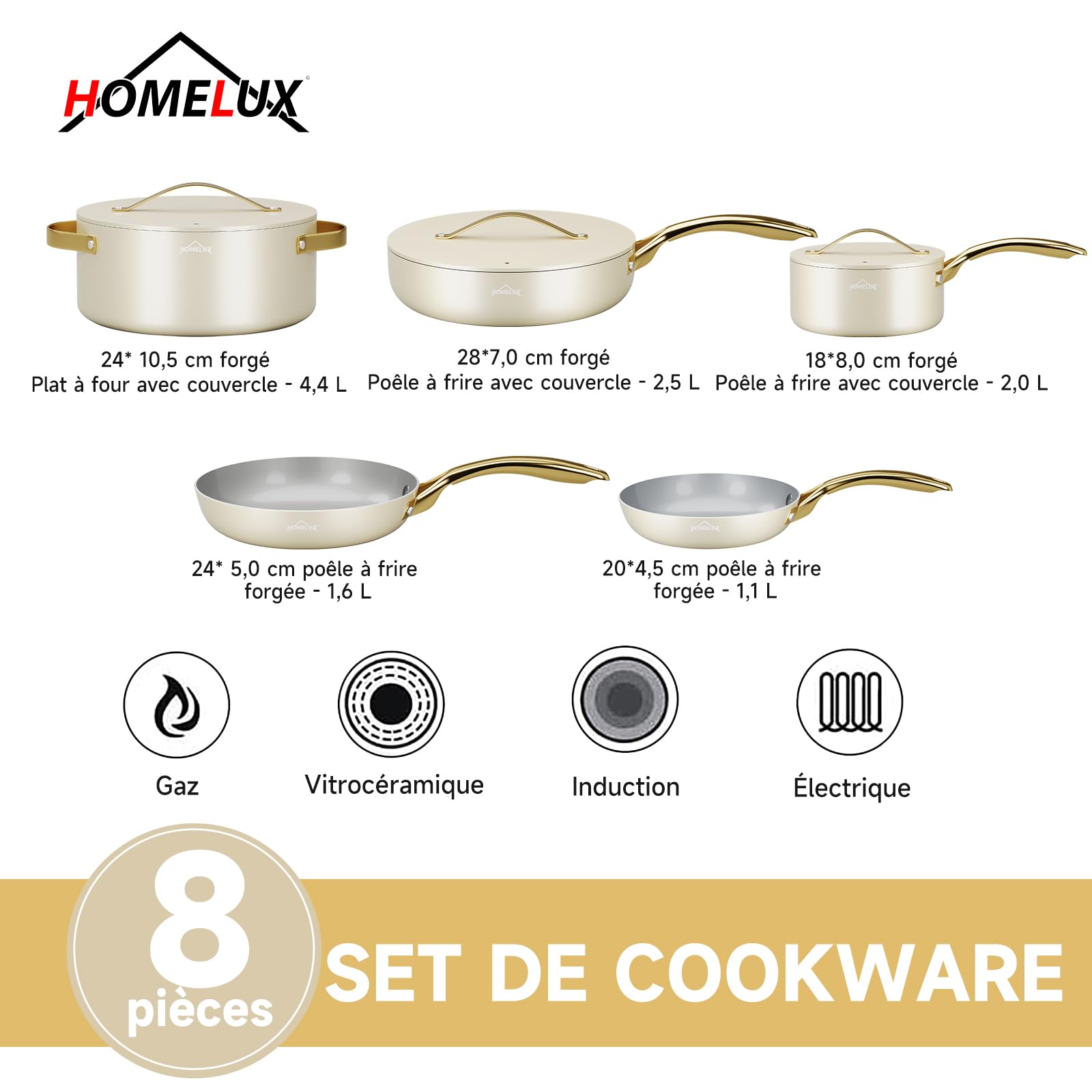 HOMELUX Batterie de cuisine antiadhésive 8 pièces avec couvercles | poêles et casseroles à induction sans PFOA, PFOS et BPA, compatible avec toutes les plaques de cuisson, beige