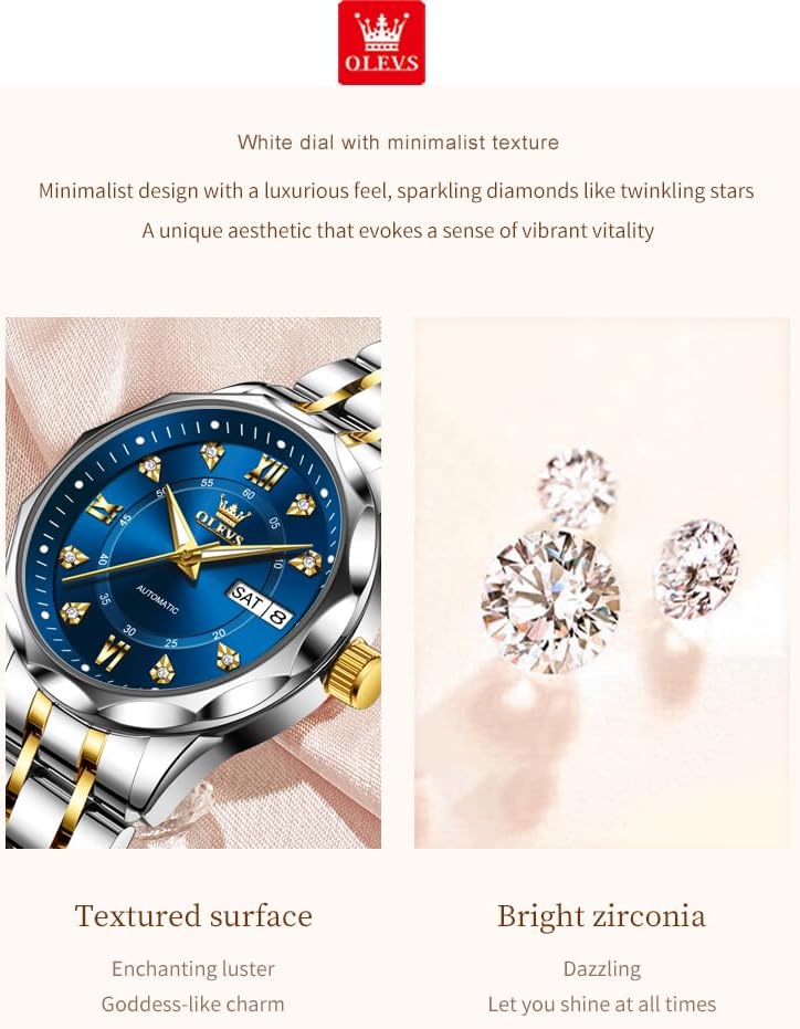 OUPINKE Women's Automatic Mechanical Watch Diamond Dial Casual Dress Watch Self Winding Day Date Waterproof Stainless Steel Band