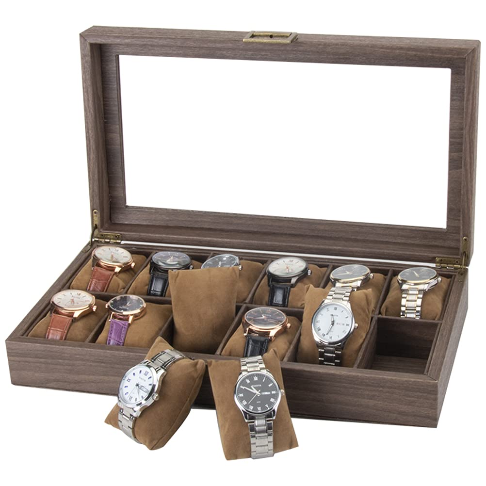 ACMHNC Uhrenkasten Herren Damen Uhrenbox mit 12 Fächer, PU Leder Uhrenkoffer Damen Herren Schmuckkasten Uhren Aufbewahrungsbox mit Transparent Glasdeckel