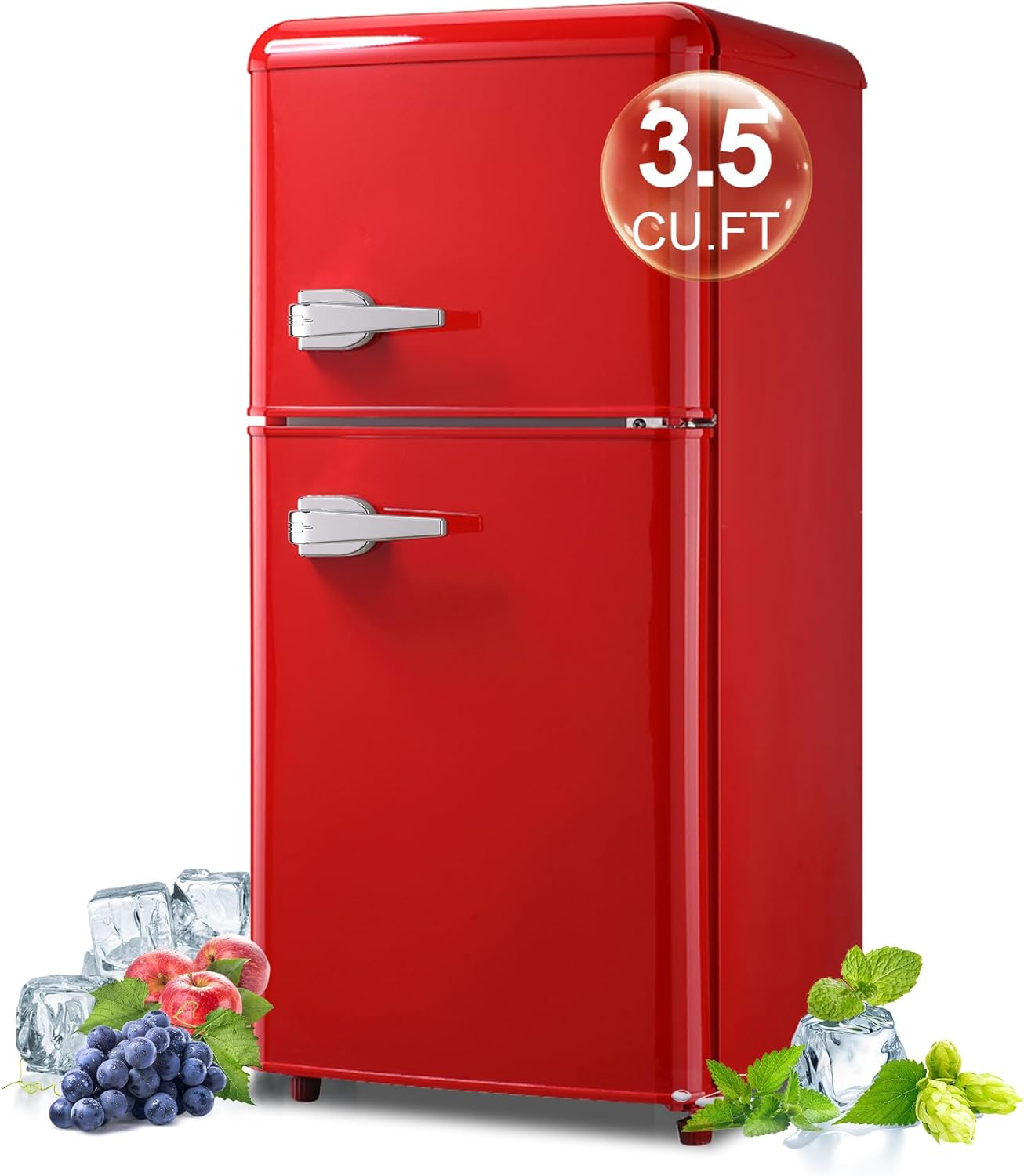 Maine Retro Mini Fridge with Freezer 3.5 Cu. Ft., Small Refrigerator Retro Style with Adjustable Thermostat, 2-Door Vintage Dorm Fridge with Separate Freezer for Kitchen, Office, Apartment, Red