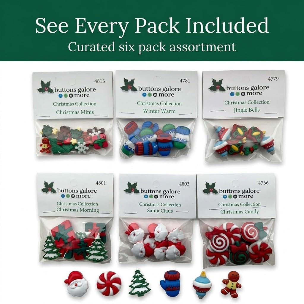 Buttons Galore 50+ Assorted Christmas Buttons for Sewing & Crafts - Set of 6 Button Packs
