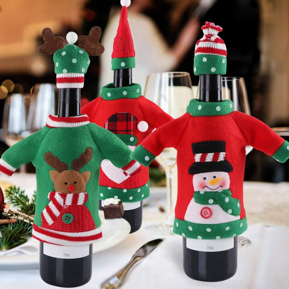 2 Stück Weihnachten Weinflasche-Abdeckung - Gestrickte Flaschenhülle Mit Weihnachtsmotiv
