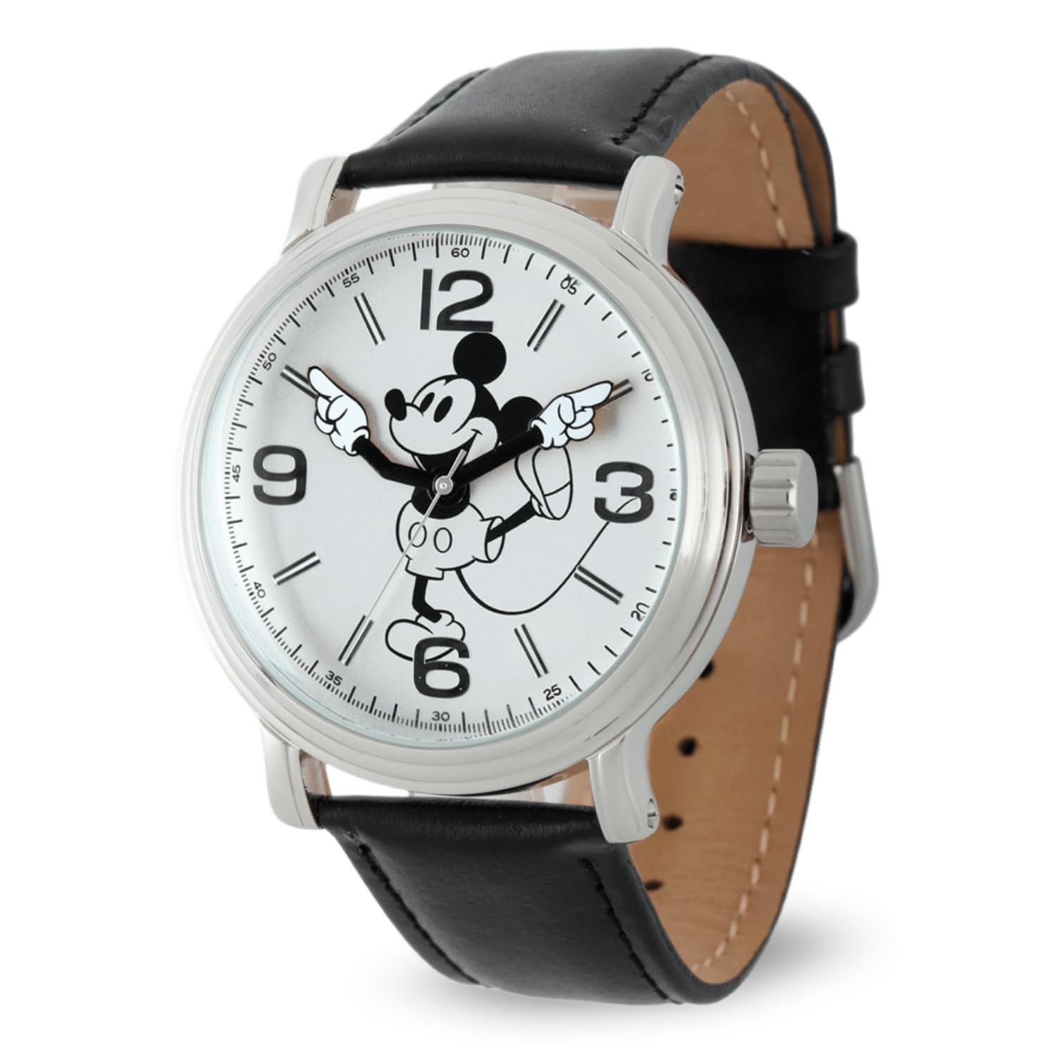 Mickey Mouse Articulating Hands Watch for Men - Classic Mickey Watches for Men, Perfect Inspired Timepiece Him - Stylish Watch with White Dial, Silver Case, Black Leather Strap