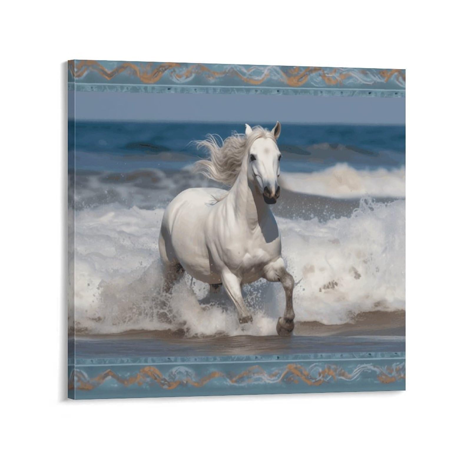 KLOPH White Horse Running on The Sea Canvas Wall Art for Living Room 10x10inch Modern Artwork Painting for Bathroom Hanging Canvas Prints Aesthetic Wallart for Bedroom Kitchen Office Wall Decor