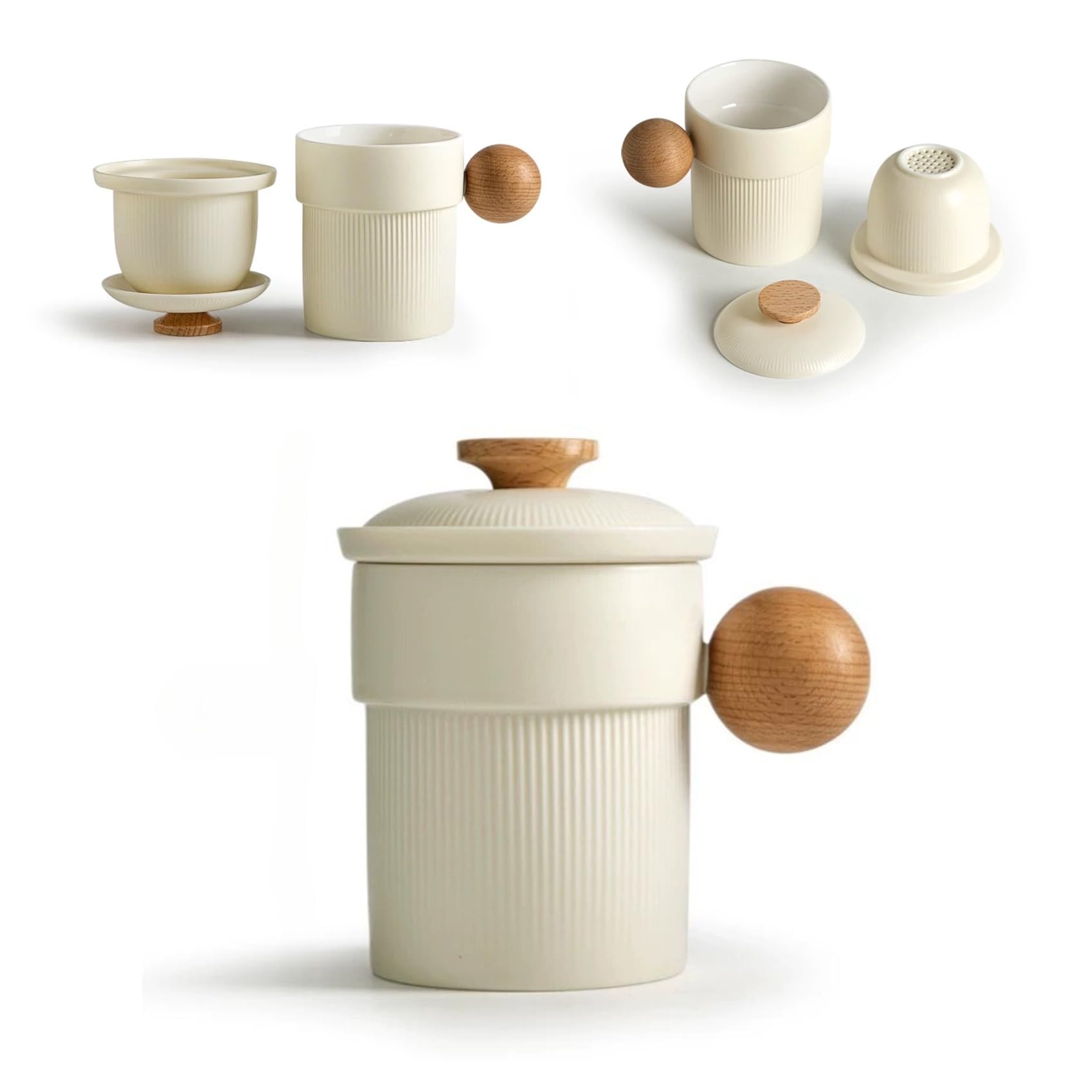 Hermit Life Tasse à thé avec infuseur et couvercle pour stepper en vrac, tasse à thé en porcelaine blanc crème avec passoires, poignée globulaire en bois naturel, tasse diffuseur de thé, cadeau de thé