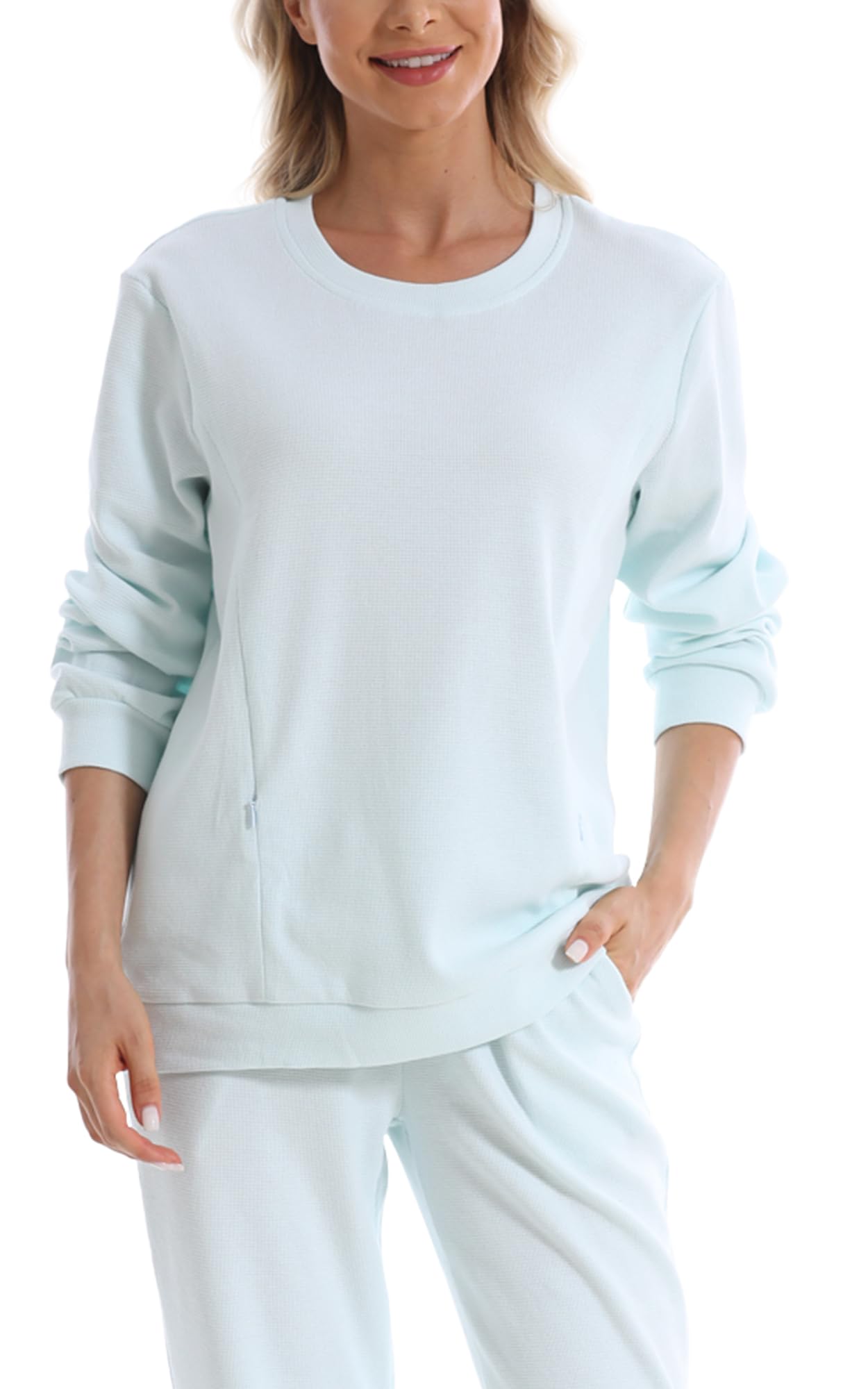 FEOYA Sudadera de maternidad de manga larga, cuello redondo, camisas de lactancia, cremallera lateral, sin botones, holgada, casual, suave, para embarazo, invierno, otoño