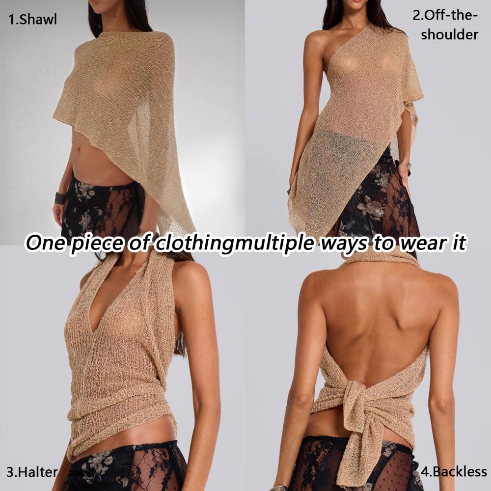 Poncho Femme Asymétrique Multifonctionnel Châle Tricoté Élégant Cape Légère Couverture d'Été Transparent pour la Plage et Soirées Formelles(Marron)