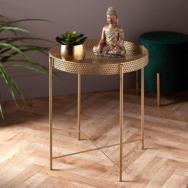 IFJA Golden Metal Side Table - Modern Contemporary Side Table With Tray Table Top - Round Side End Table Nightstand - Living Room Furniture Display Unit For Home Decor - H47 x W43 x D43cm