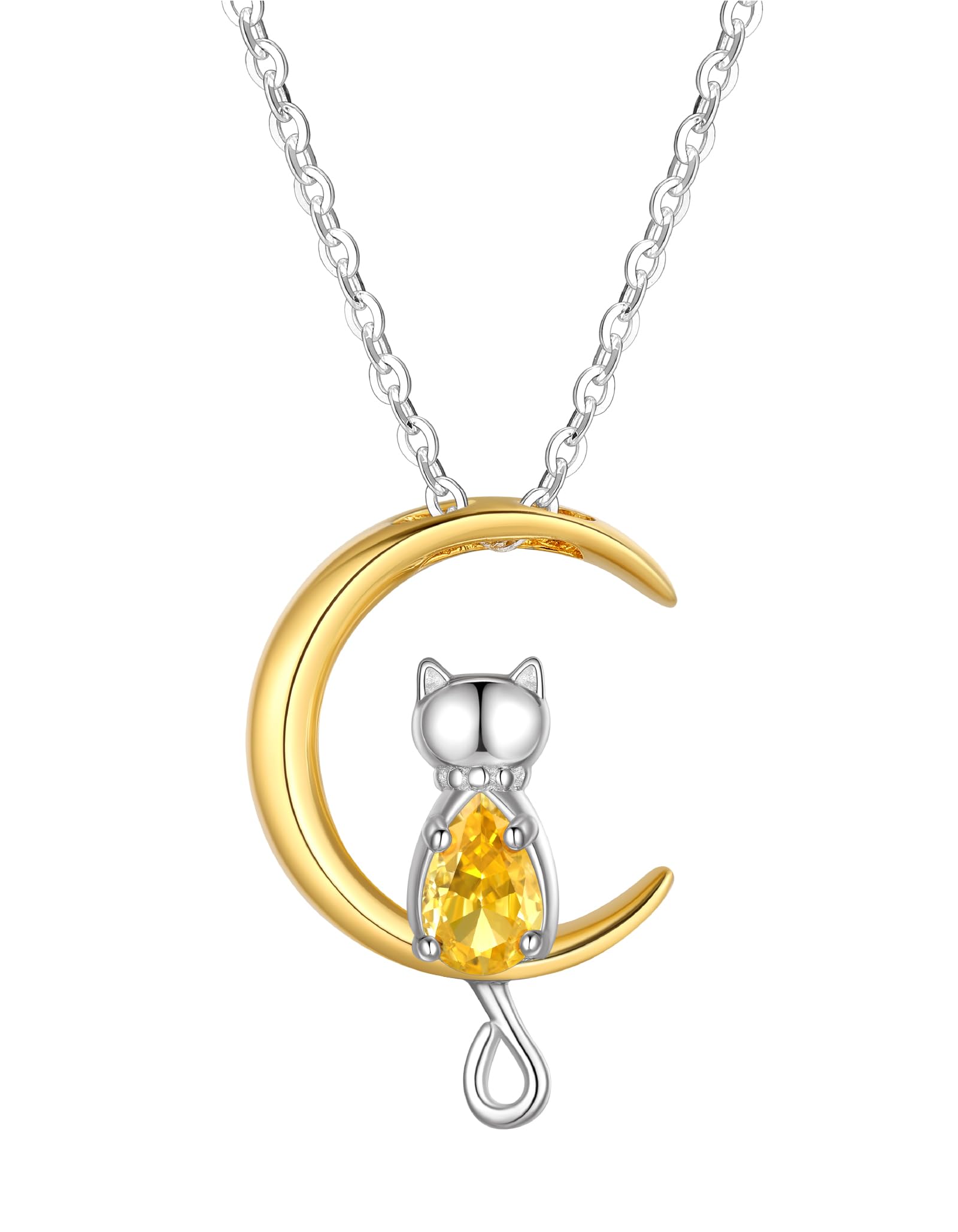 [Just Being Cute] 誕生石 ネックレス, レディース 可愛いねこと月 ペンダント 女の子 プレゼント人気 ネックレス チェーン調整可能 ギフトボックス付け