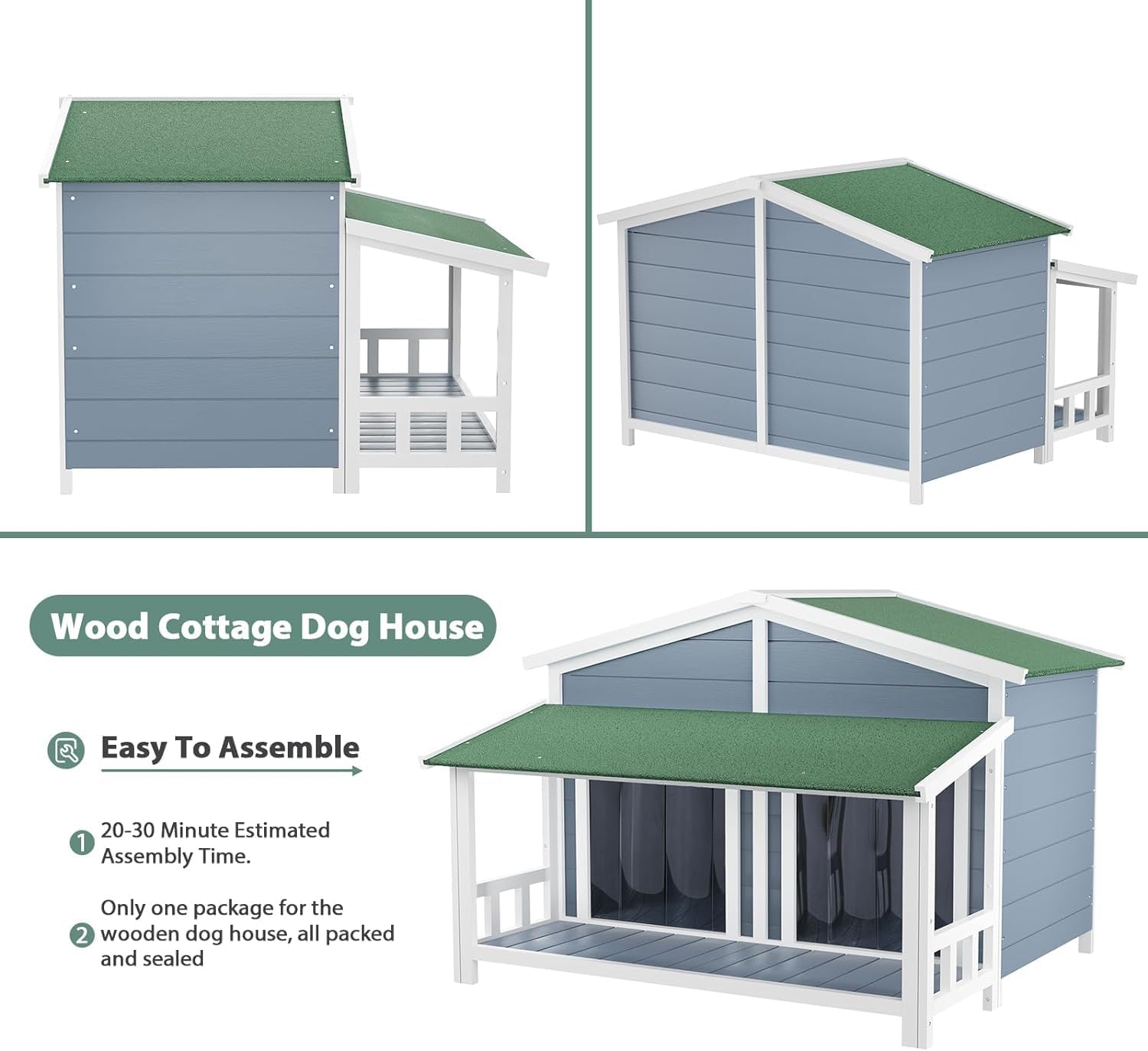 Ritsu Outdoor Dog House, Waterproof Dog Kennel, Wooden Indoor Dog House, Log Cabin Style with Porch,Elevated Floor, 2 Doors