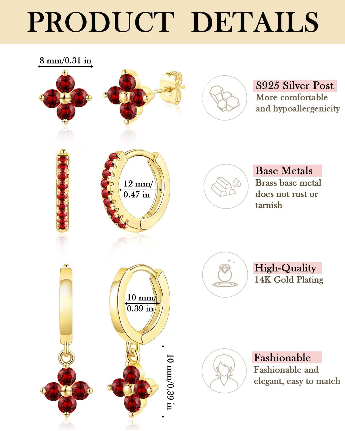 3 Pairs Gold Hoop Earrings Set for Women, Hypoallergenic 14K Gold Plated Huggie Earrings Stacks for Multiple Piercing Dainty Stud Earring Cartilage Birthstone Earring Women Jewelry Gift