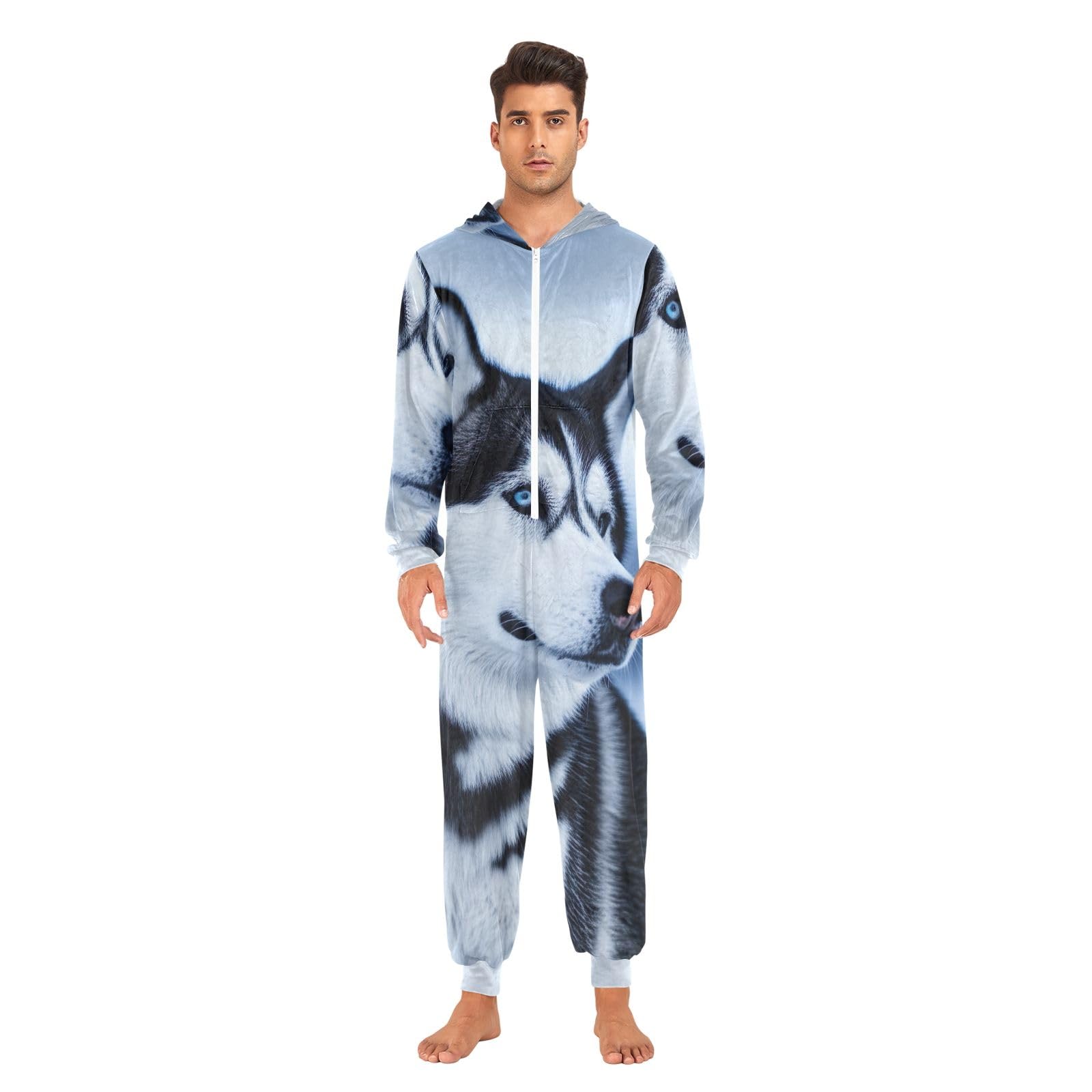 Husky Dog Adulto Pigiama Tuta con Cappuccio Zip Tuta per Donne Uomini Caldo Natale Sleepwear