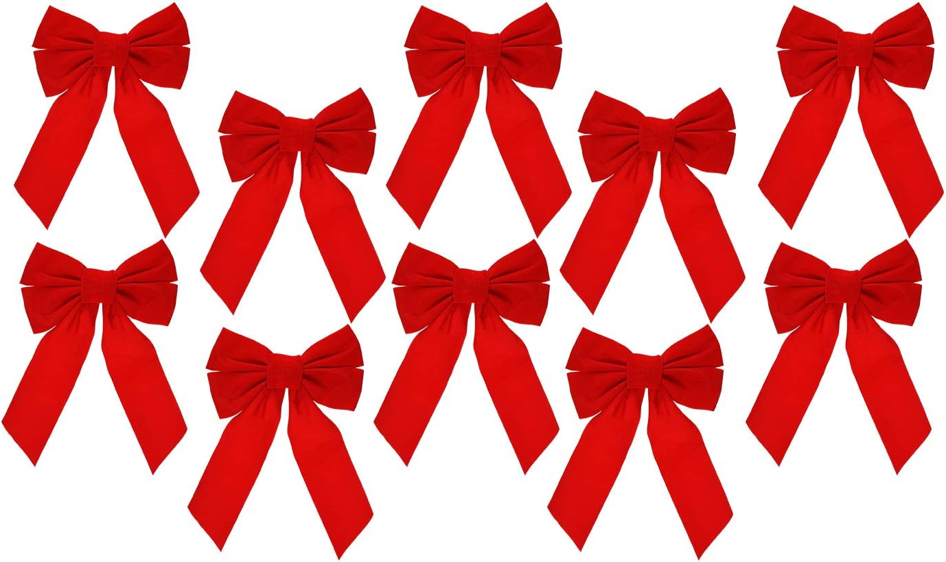 Set of 10 Red Velvet Christmas Wreath Bows, 9"x13" - For Garland, Gifts, Parties - Indoor/Outdoor Holiday Decor