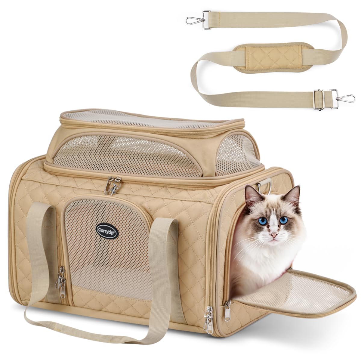 CarryTip Cat Carrier Airline Approved 17x11x9.5 Inches, Top Expandable Soft Sided Pet Travel Carrier for Cats & Small Dogs, Fits Under Airline Seat with Locking Zippers, Brown