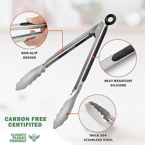 Miniatura 5 de TACGEA Pinzas de cocina de acero inoxidable, agarre antideslizante de silicona, pinzas de bloqueo para alimentos a la parrilla, juego de 2, 9