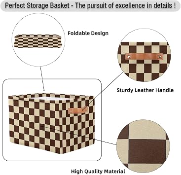 Brown Checkered Storage Basket with Handles Collapsible Storage Bins Rectangular Toy Storage Organizer Box Fabric Shelf Baskets for Nursery Bedroom Bathroom 1PC