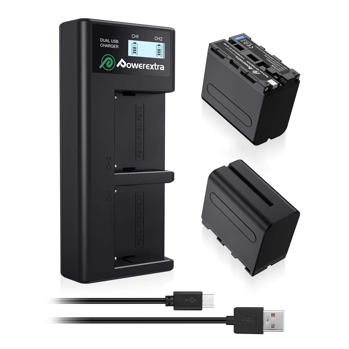 Powerextra 2 Batterie de Rechange Compatible NP-F970 F960 F930 F950 et Batterie 8800mAh Chargeur Double LCD Compatible avec DCR-VX2100 DSR-PD150 DSR-PD170 HDR-AX2000 HDR-FX7 HDR-FX1000
