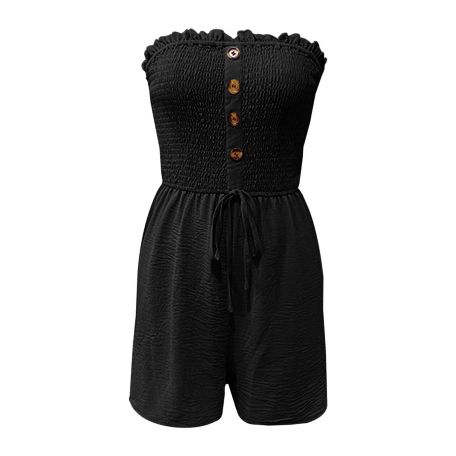 Jumpsuit Damen Sommer Kurz Elegant Romper Boho Bandeau Playsuit Pissee Stretch Overall Einfarbige Hohe Taille Hosenanzug Sexy Leicht Luftig Shorts mit Kordelzug Business Urlaub Strand Konzert Outfit