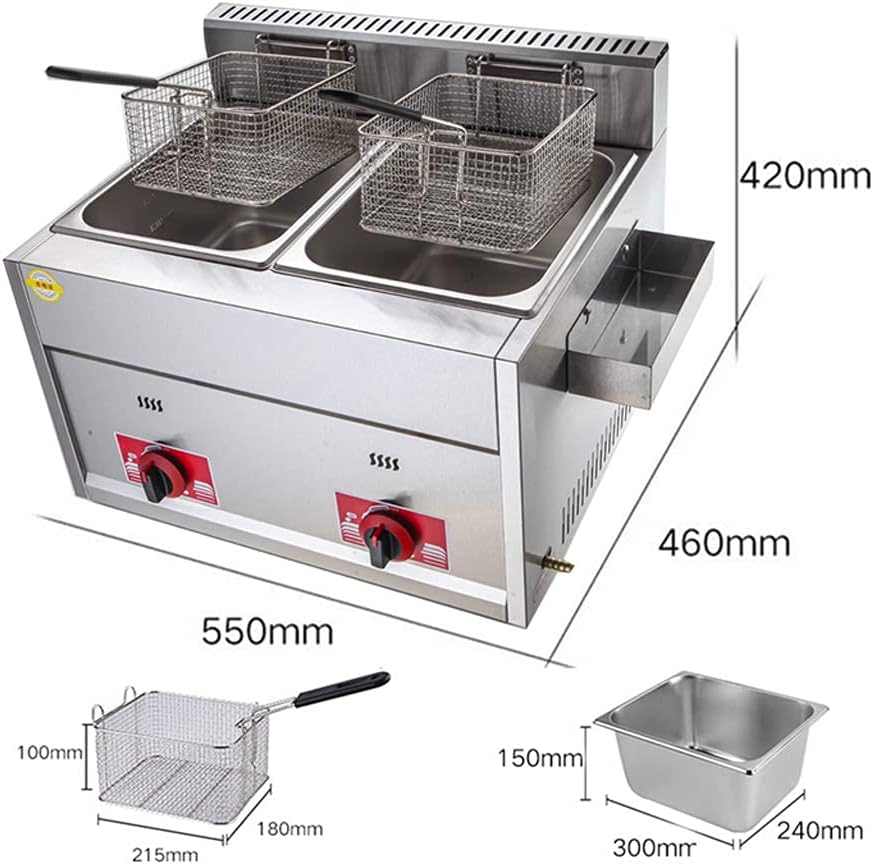 Fat Fryer Basket, Commercial Deep Fryer, 12L, Gas Fryer, Large Capacity, Double Fryer, Stainless Steel, LPG Deep Fryer with 2 Baskets and Lids for Home, Kitchen