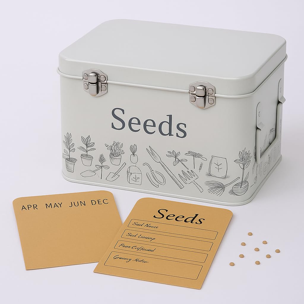 Gardening Naturally Seed Storage Box with 12 Dividers and 12 Seed Envelopes, 22.5 x 16.2 x 17 cm (Dove Grey)
