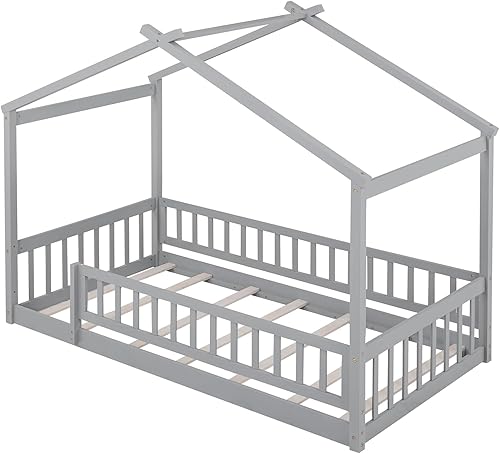 Miniatura 6 de LLS Cama de casa individual con valla, cama Montessori de madera con soporte de listones, marco de cama para dormitorio de niños y niñas, gris