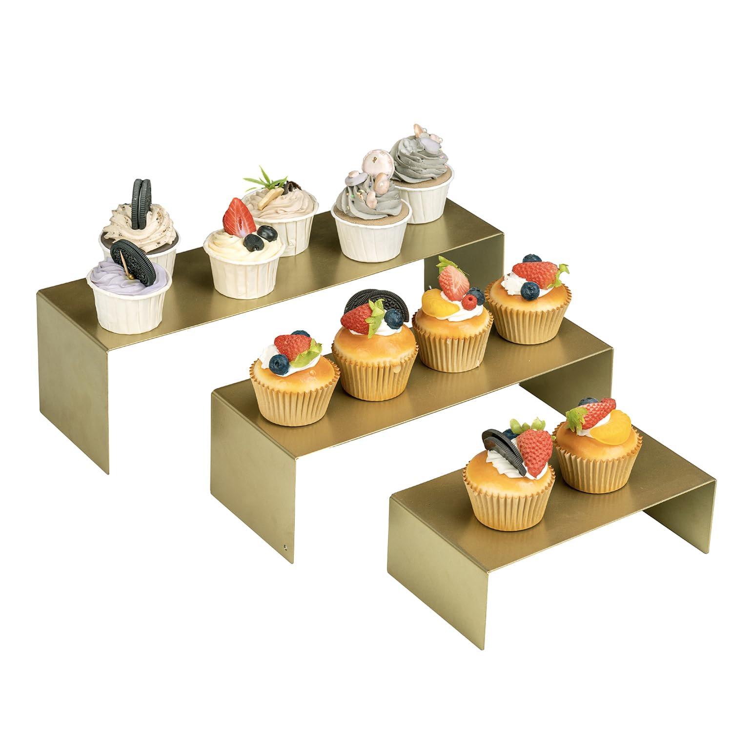 MyGift 3 Tier Perfume Display, Purse Display Stand, Risers Display Stand, Cascading Vintage Brass Tone Metal Nesting Cupcake Display Risers, Step Tiered Food Cake Dessert Serving Stands, 3-Piece Set