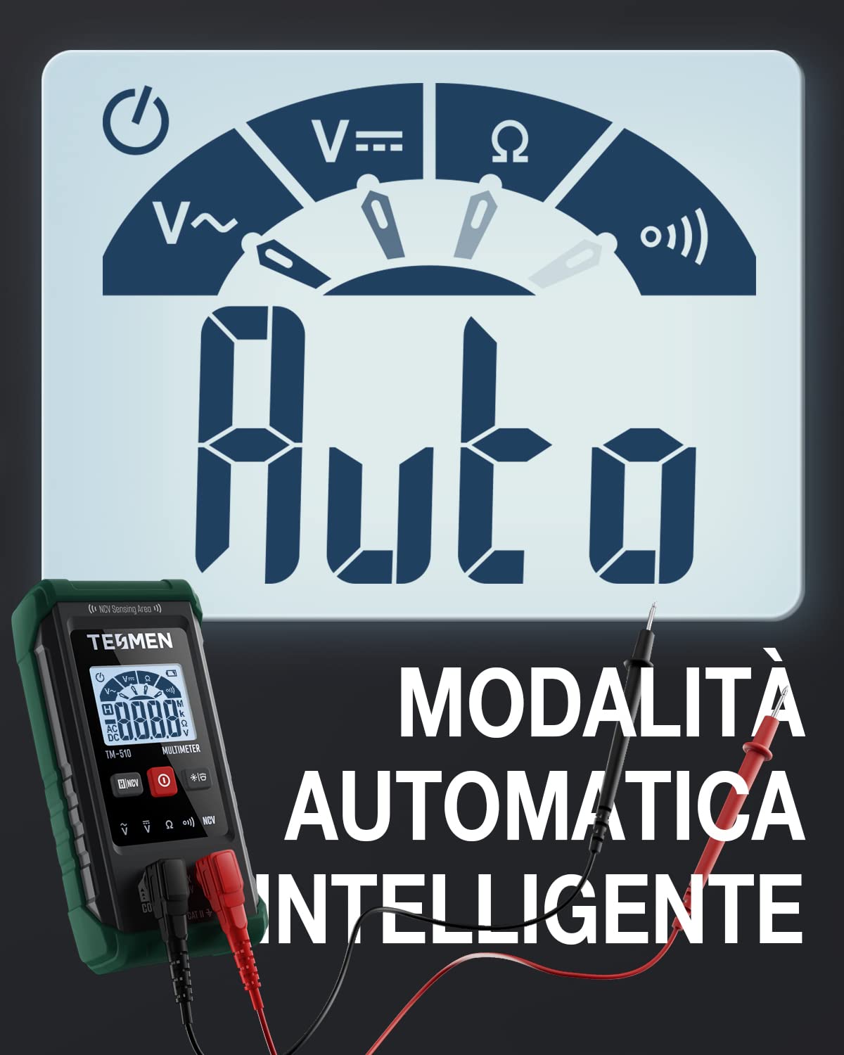 TESMEN TM-510 Multimetro Digitale, 4000 Conta Tester Elettricista, Misurazione Smart, Autoranging, Senza Contatto, Misura Tensione AC/DC, Resistenza, Continuità – Verde