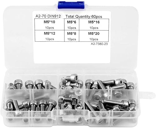 60pcs M5 Stainless Steel flat countersunk round head Hex Socket Screws Cap Head Screw Assortment Kit Fasteners tapa tornillos DUOER